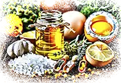 Натуральные ингредиенты для народного лечения суставов: мед, травы, настойки и желатин.