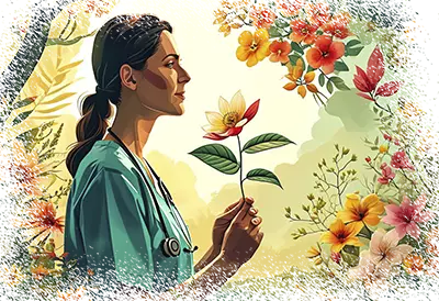Женщина с цветком в руках, символизирующая естественное лечение миомы матки.