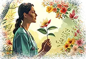 Женщина с цветком в руках, символизирующая естественное лечение миомы матки.